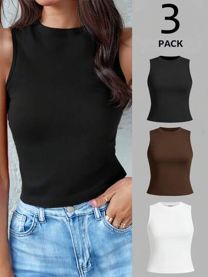 SHEIN LUNE 女性用カジュアルソリッドカラーラウンドネックスリムフィットキャミソールトップ3パック、ブラック/ホワイト/グレー、夏のバックトゥースクール、カジュアル