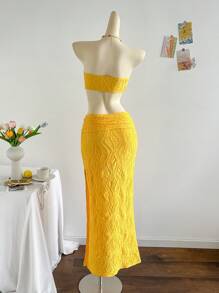 Soleia Beach Outfits For Woman Summer Dresses For Vacation Butter Yellow  Beach Metal Shell Decor White Side High Waist Hollow Out Jacquard Elastic Mermaid Dress - Yellow - View 2