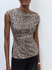 Maija Women Asymmetrical Sleeveless Top, Brown Leopard Print, Sequined Fabric, Suitable For Music Festival, Party, Holiday, Birthday, Minimalist Stylish Sexy Side Slit Fitted Top, Office Summer Going Out Tops Women Club Women Sexy Going Out Tops Women Rave Animal Print Going Out Tops Women Club Women Sexy Party Concert - Brown - View 1