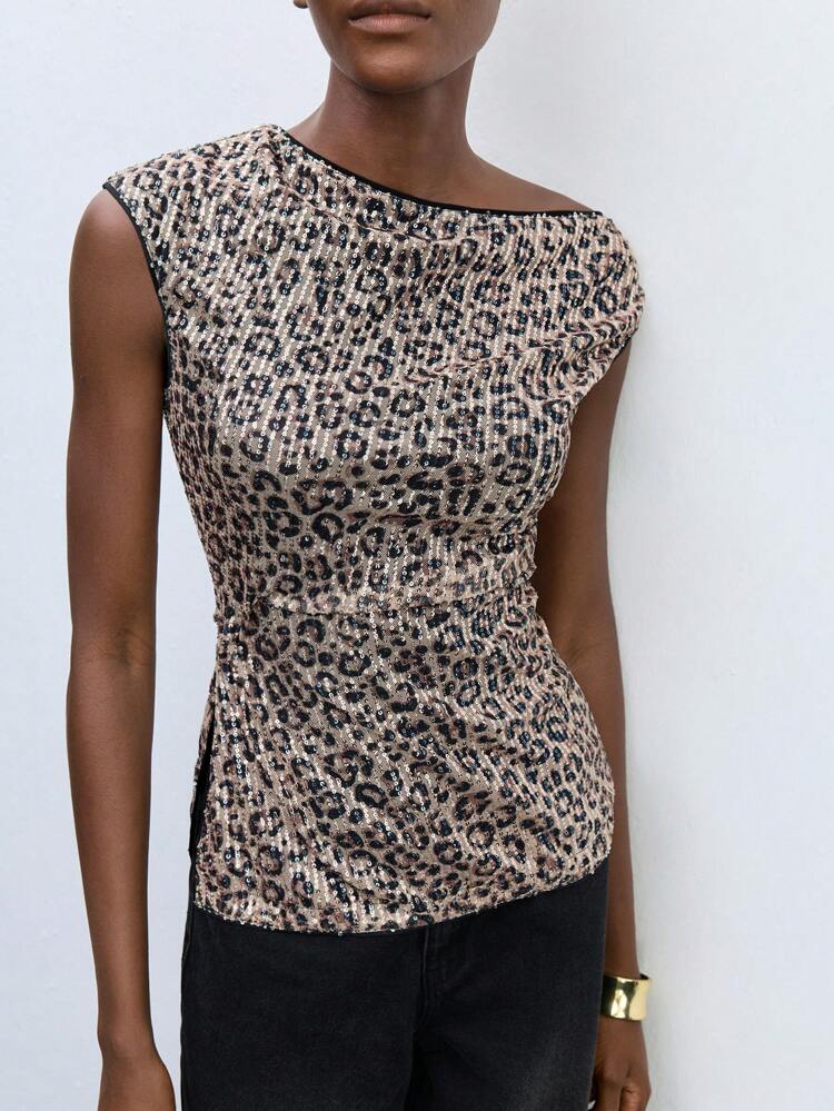 SHEIN Maija Women Asymmetrical Sleeveless Top, Brown Leopard Print, Sequined Fabric, Suitable For Music Festival, Party, Holiday, Birthday, Minimalist Stylish Sexy Side Slit Fitted Top, Office Summer Going Out Tops Women Club Women Sexy Going Out Tops Women Rave Animal Print Going Out Tops Women Club Women Sexy Party Concert
