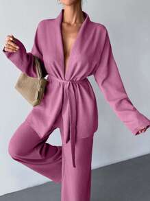 EURMUSE Two Pieces With Belt Details, Cozy Sets, Easy To Wear At Home And Outdoor - Dusty Pink - View 4