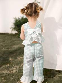 Cozy Pixies 2pcs Baby Girl Sets: Contrast Trim Crew Neck Sleeveless Cardigan Top And Elastic Waist Pants