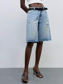 Maija Quần Jeans Xanh Quần Short Bermuda Cạp Thấp Quần Ống Rộng Phù Hợp Cho Trang Phục Thường Ngày Ngày Lễ Mùa Hè - Rửa nhẹ - Xem 4