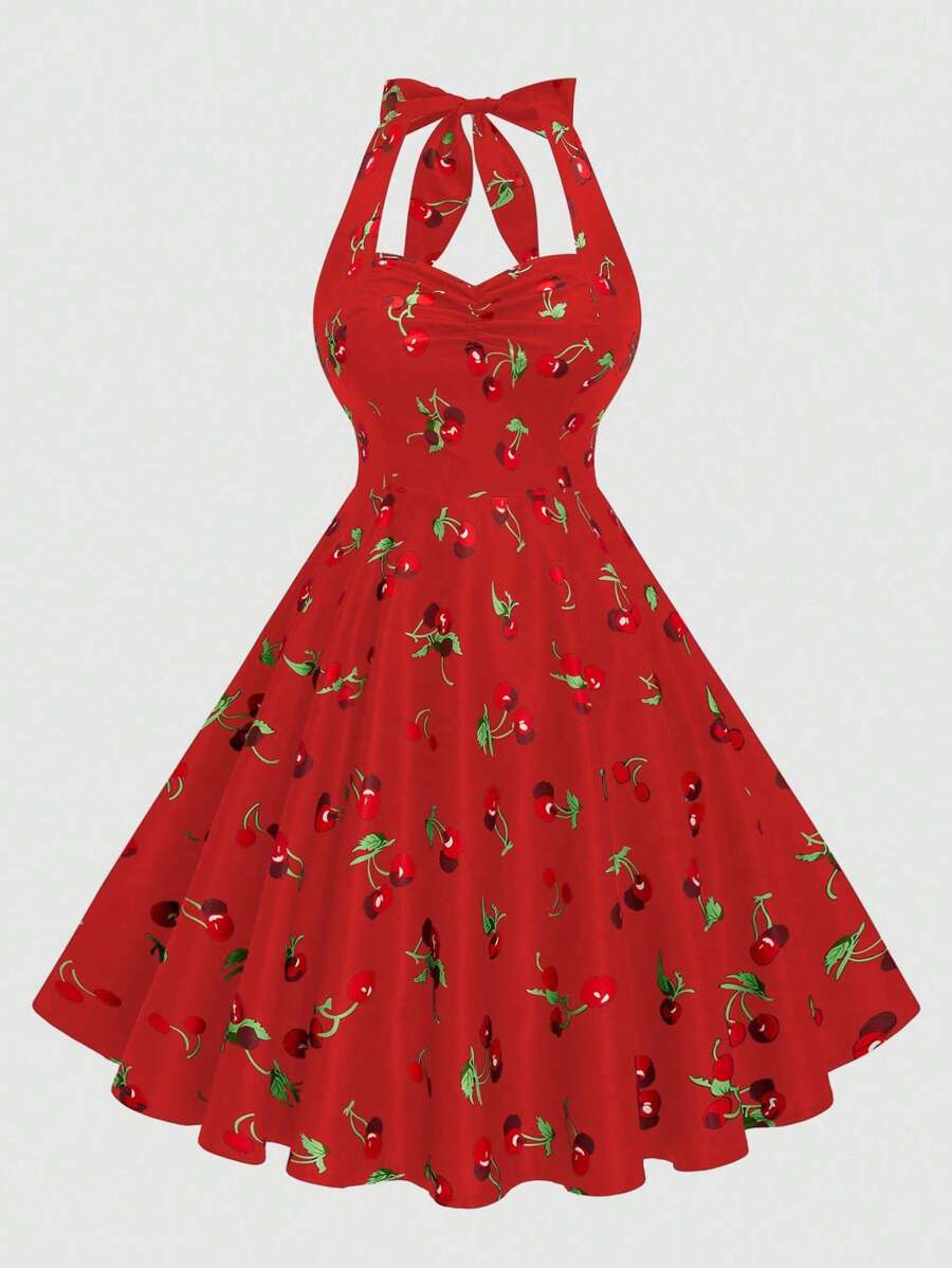 Flirla 加大码露背收腰 A 字连衣裙，情人节主题，带有玫瑰、心形、波尔卡圆点、爱心、嘴唇、丘比特、206D 花卉印花