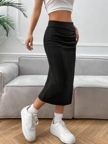 SHEIN EZwear 纯色休闲褶饰开衩大腿裙