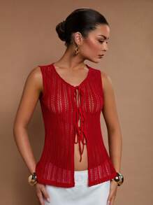COSMINA Women Solid Color Hollow Out Lace-Up Camisole Top - Red - View 5