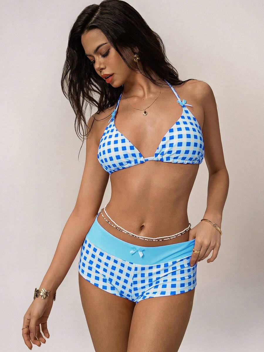 SHEIN Forever 21 2 件套女士格纹吊带比基尼上衣和三角泳裤 - 藍色 - 查看 1