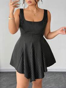 Elenzga Plus Size Women Black & White Striped Square Neck Patchwork Asymmetric Hem A-Line Dress, Romantic & Elegant, Suitable For Summer - Black - View 6