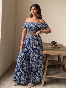 SHEIN PETITE Set de 2 piezas compuesto por top corto de hombros descubiertos con volantes y pantalones palazzo de cintura elástica con estampado floral, estilo bohemio perfecto para vacaciones, look elegante y juvenil para uso diario, citas, primavera/verano