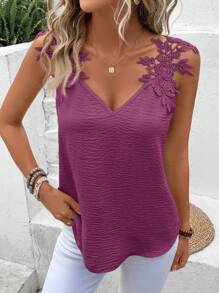 SHEIN Frenchy Áo ba lỗ ren trơn màu giản dị cho kỳ nghỉ - Màu đỏ tím - Xem 4