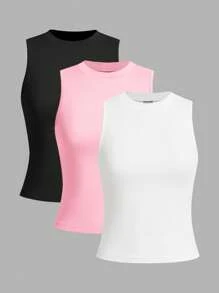 SHEIN LUNE 3pcs/Set Women Casual Solid Color Round Neck Sleeveless Tight Fitting Tank Tops, Black/White/Gray, Suitable For Summer