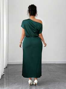 Elenzga Plus Size Women Satin Draped Neck Asymmetric Ruched Waist Slim A-Line Dress, Summer