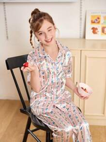 少女花卉和熊印花缎面睡衣套装 - 白色 - 查看 1