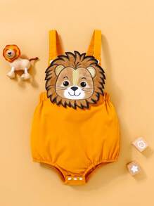 SHEIN Playful Pals 春夏款嬰兒男童可愛休閑3d獅子刺繡連體背心衣