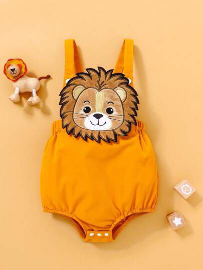 SHEIN Playful Pals 春夏款嬰兒男童可愛休閑3d獅子刺繡連體背心衣