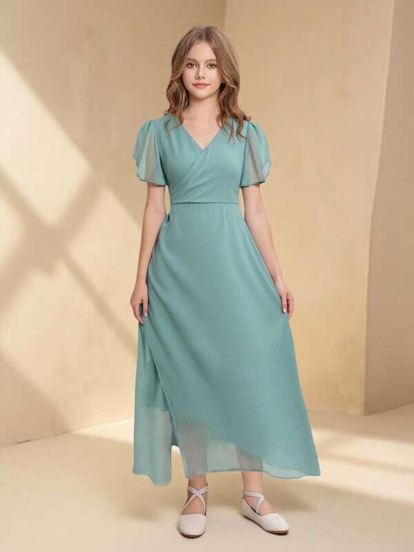 SHEIN Girls Elegant Fitted Ankle Length Dress, Fresh Green