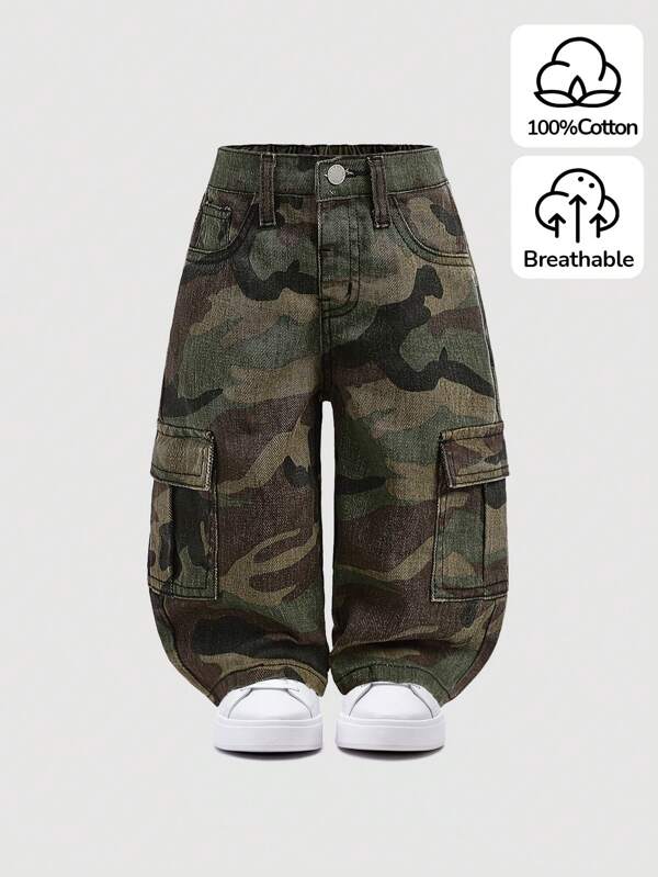 SHEIN Baby Boys' Street Cool Washed Camo Cargo Pocket Loose Fit Denim Jeans,Casual And Versatile For Baby Boys Fall/Winter Clothes