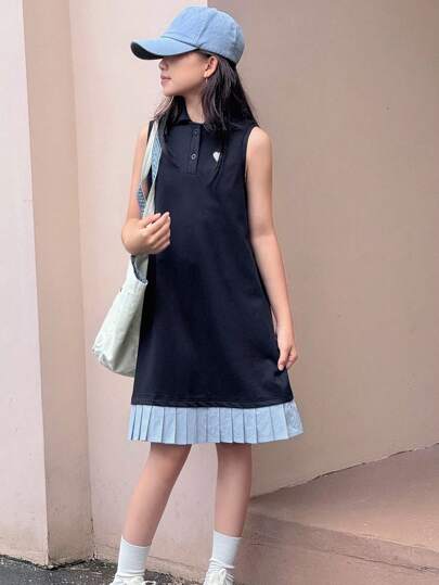 Dazy Kids 女童无袖 T 恤连衣裙，撞色下摆拼接，女童夏季服装，返校服装