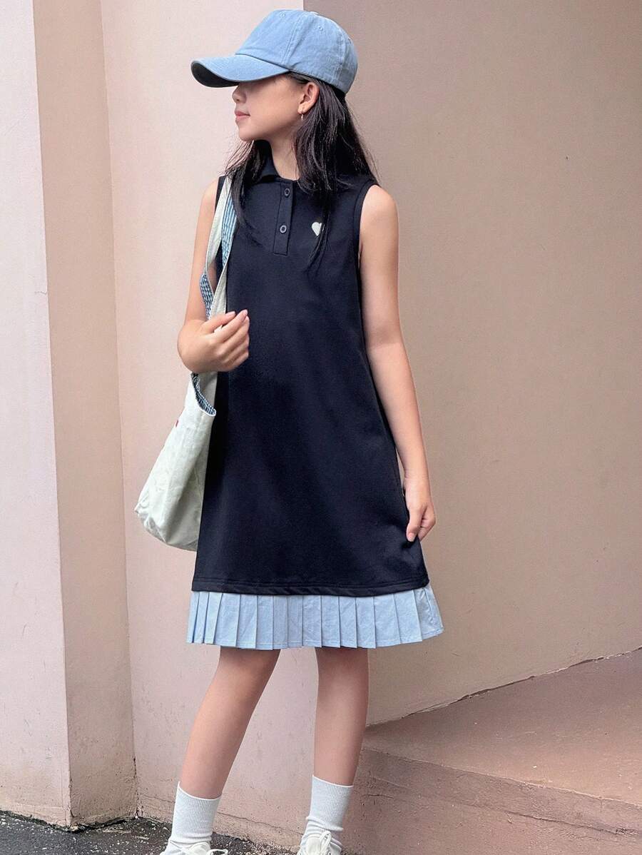 Dazy Kids 女童无袖 T 恤连衣裙，撞色下摆拼接，女童夏季服装，返校服装 - 藍色 - 查看 1