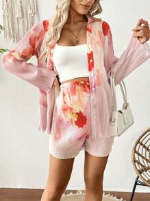 SHEIN 2 chiếc áo khoác dài tay họa tiết sọc và hoa cho bà bầu và quần short thường ngày - Nhiều màu - Xem 6