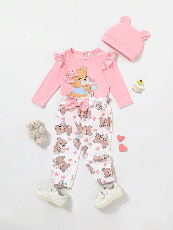 SHEIN Persoplay Kids Baby Girls' Bear Printed Romper And Digital Printed Pants Set