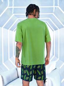 Rick and Morty X SHEIN Conjunto de pijama de camiseta de manga corta de corte holgado con estampado gráfico de dibujos animados divertidos y pantalones cortos para hombre para el verano