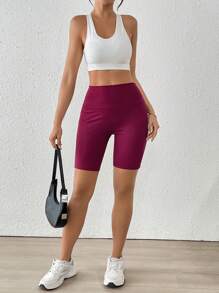 Chiquease Quần legging bó cạp cao màu trơn có gân cho nữ, quần short biker - Màu Đỏ Sâu - Xem 4