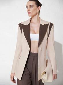 Aveloria Modichic 时尚通勤精致经典蓝黑拼色正面设计缺口领、V 领、收腰、修身、垫肩、合身单排扣长袖女式西装外套