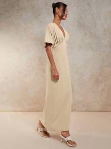 COSMINA Women's Solid Color V-Neck Short Sleeve Waist Fitted Long Dress, Summer,Business Casual Woman