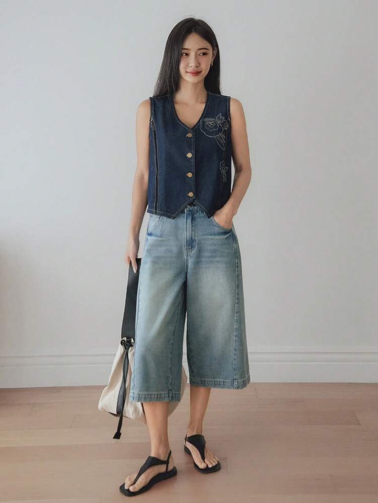 Women's Casual Denim Vest With Floral Embroidery, Suitable For Business, Office, Commuting In Spring, Summer And Autumn