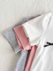 Cozy Pixies Set de 3 blusas de manga corta con cuello de tripulación de punto suave de unicolor para niña bebé, con moño decorativo, camiseta linda - Rosa - Ver 8