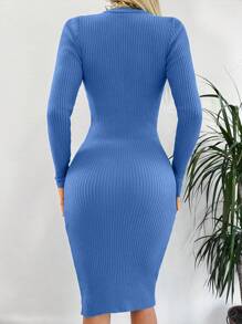 EURMUSE Women Solid Color Crew Neck Long Sleeve Fitted Knitted Dress - Cadet Blue - View 2