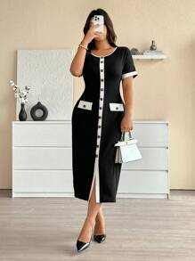 Easura Vestido casual elegante de señora urbana estilo francés, dulce y sexy para talla grande, con manga corta y ajustado. Nuevo vestido de vacaciones de punto con bloque de color, cuello redondo y botones, efecto patchwork