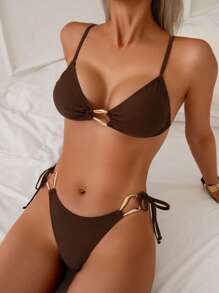 Swim Chiccia 女士两件套纯色金属装饰假日休闲比基尼套装 - 咖啡棕 - 查看 3