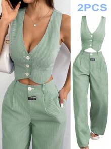Solflare Conjunto de chaleco a rayas verde oliva con pantalones, traje semitransparente de talla grande, casual de negocios para mujer, conjunto de chaleco y pantalones, conjunto de 2 piezas a rayas, traje de pantalón de verano para otoño/invierno - Verde Oliva - Ver 1