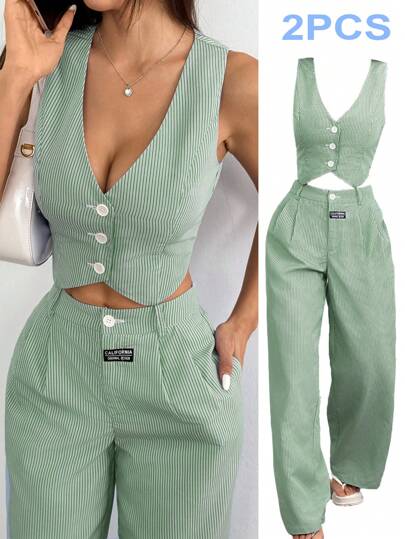 Solflare Olive Green Striped Vest Set With Pants, Semi-Sheer Plus Size Suit,Business Casual Woman, Vest And Pants Set Women, Striped 2 Pieces Set, Summer Pant Suit In Fall/Winter