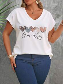 SHEIN LUNE Plus Size Women's Summer Colorful Heart Print V-Neck T-Shirt With Batwing Sleeves, Casual & Comfortable - Multicolor - View 4