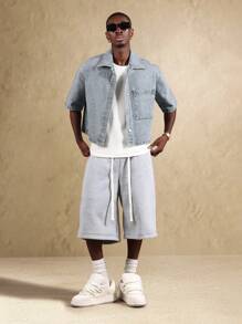 SUMWON 闪光效果短袖牛仔衬衫宽松剪裁休闲纽扣领复古风格春夏街头时尚夹克