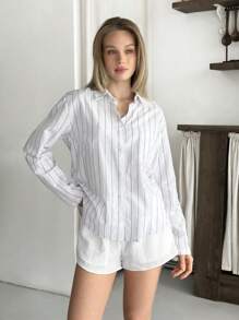 EURMUSE Women Solid Color Striped And Pocket Detailed Blouses - White - View 3