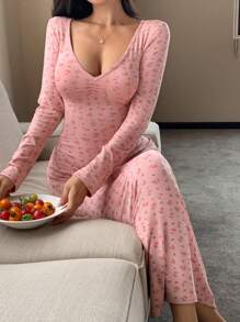 DAZY Camisón de noche con cuello en V largo, drapeado y estampado floral ditsy, para otoño e invierno - Rosa - Ver 6