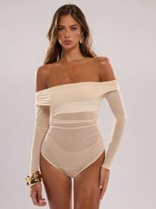 SHEIN BAE 女士露肩纯色性感透明网眼拼布荷叶边紧身衣，适合万圣节