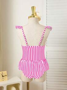 Young Girls Beach Vacation Striped Print One-Piece Swimsuit (Print Random) - Hot Pink - View 2