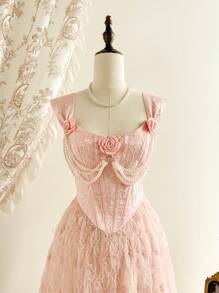 Vintamour 优雅复古女式修身提花花卉连衣裙，带荷叶边下摆，仿珍珠链装饰，粉色婚礼宾客礼服女士夏季连衣裙