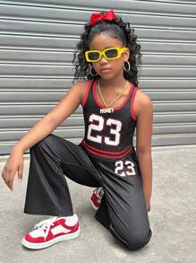 SHEIN 2pcs Tween Girls Numeric Print Tank Top + Pants Set, Casual Everyday Outfits, Mommy And Me Matching Outfits (2 Sets Sold Separately) - Black - View 7