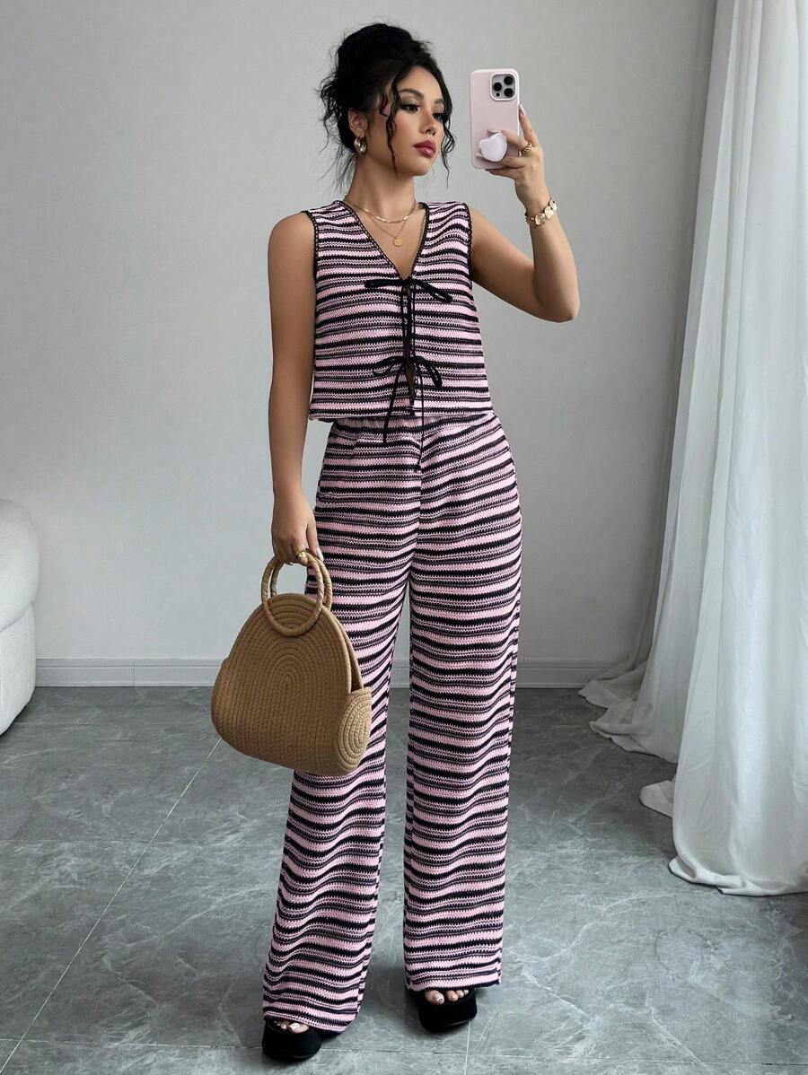 Elenzga 2 Pieces Women Striped Front Tie Tank Top And Long Pants Set, Summer - Pink - View 1