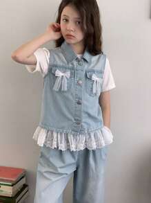 DAZY 女童牛仔背心，蕾丝拼接和蝴蝶结，直筒裤套装，夏季，返校服 - 藍白色 - 查看 5