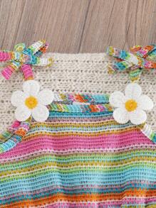 SHEIN Vintaside Kids قطعة واحدة رومبر بدون أكمام للبنات الصغار مزين بتطريز ثلاثي الأبعاد على شكل زهور، خصر مرتفع، قماش ناعم ومريح، جمبسوت قفزة مزينة بشرائط نمط مطبعة بالورود بطراز قديم، متعددة الاستخدامات وأنيقة للشاطئ والسفر والاستخدام اليومي ، وصول جديد لفصل الصيف