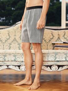 SHEIN EverLounge Pantalones cortos de pijama de hombre de verano con estampado de pata de gallo, contraste de colores y cintura elástica holgada