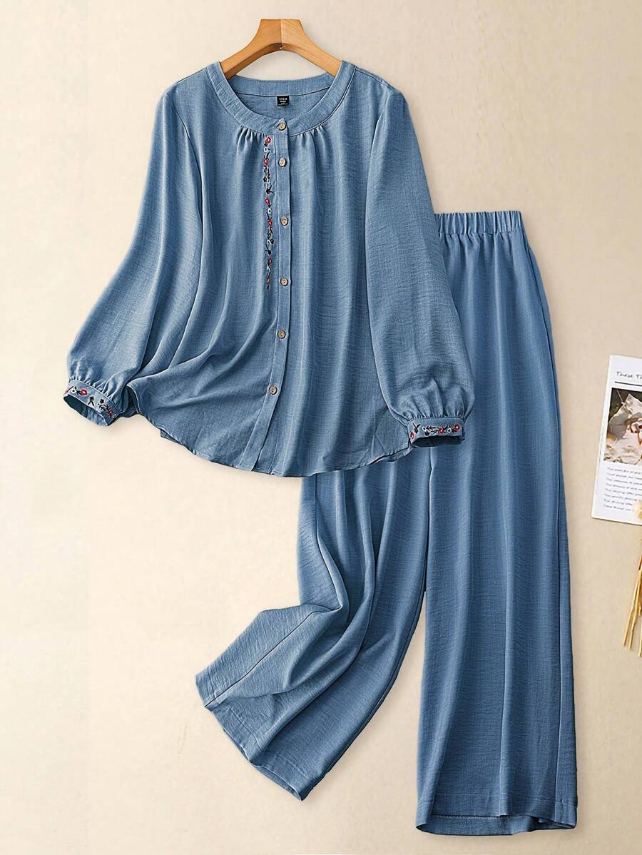 Linhara Plus Size Women 2 Pieces Woven Casual Outfit Set, Autumn - Royal Blue - View 1