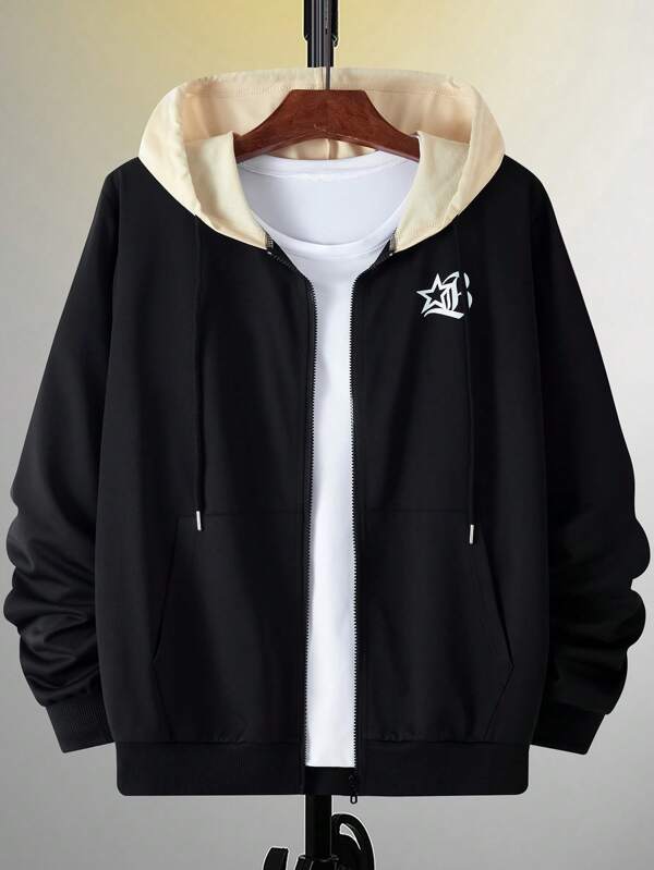 Manfinity Homme Plus Size Men's Contrast Color Zipper Hooded Long Sleeve Sweatshirt Sweatshirt